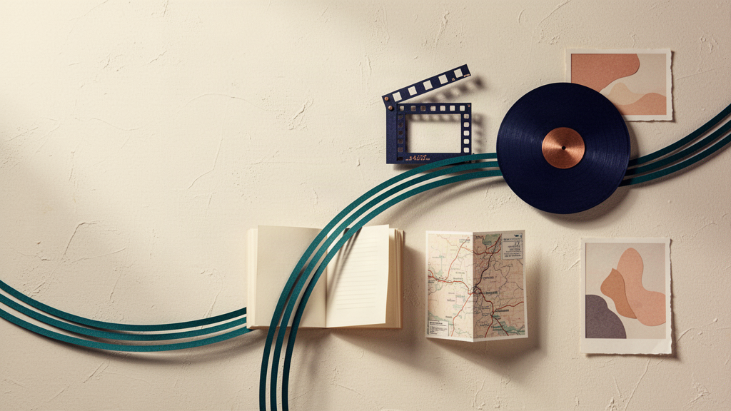 Editorial arrangement of a vinyl record, film frames, an open book and a travel map connected by flowing teal ribbons.